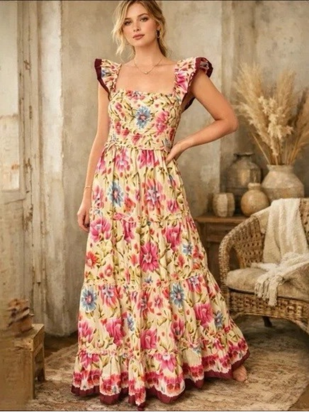 House Of Harlow 1960 Zoey Khaki Floral Print Smocked Maxi Dress